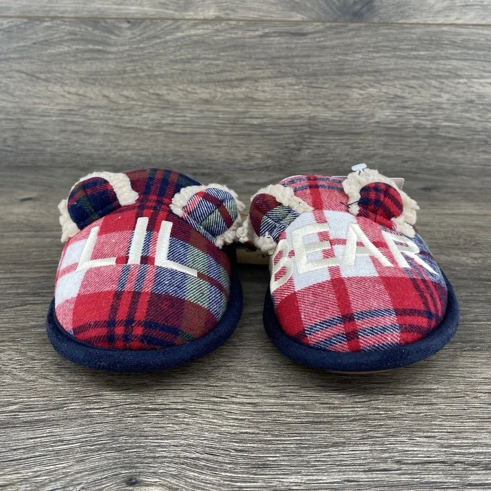 Lil Bear Dearfoam Slippers Youth Size 11- 12‎ Plaid Red Blue
